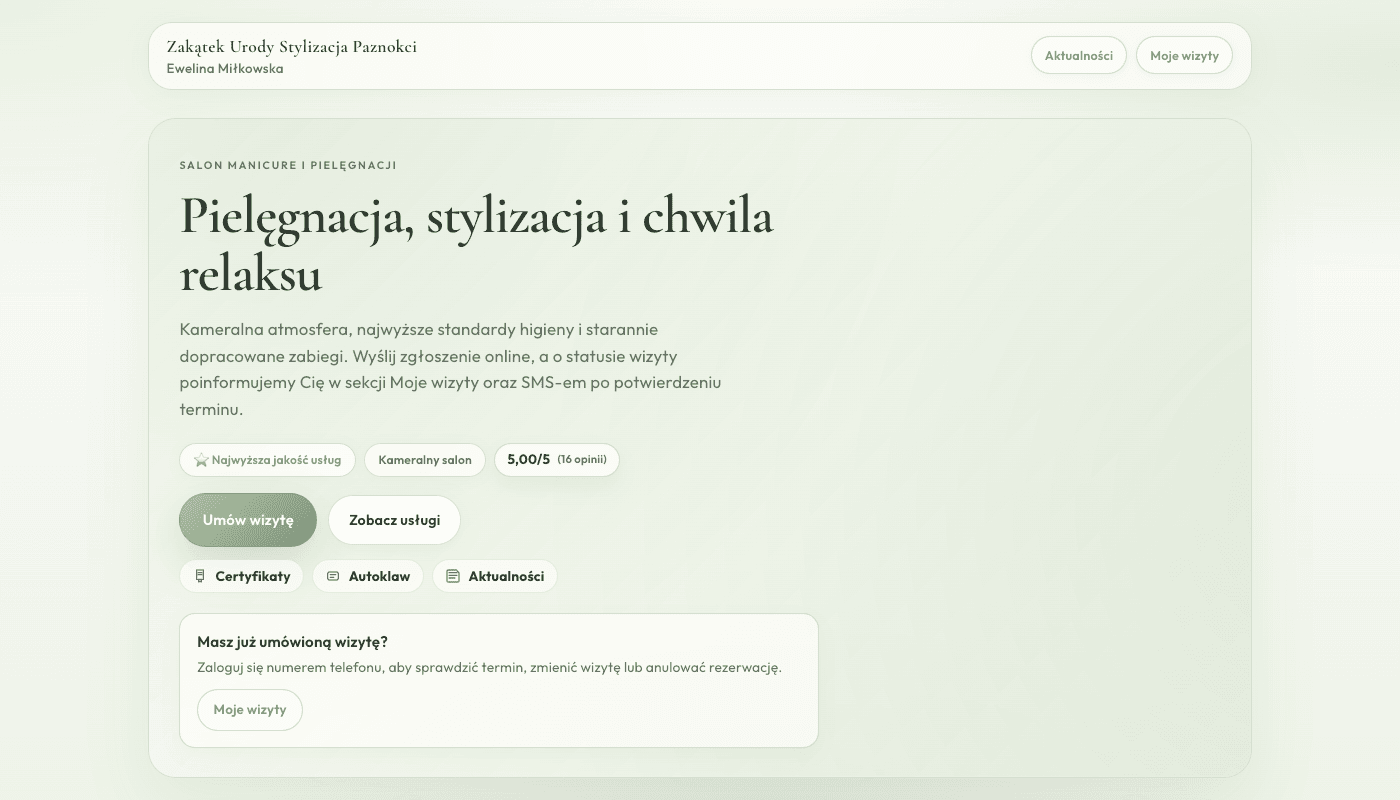 Zrzut ekranu strony salonu Zakątek Urody